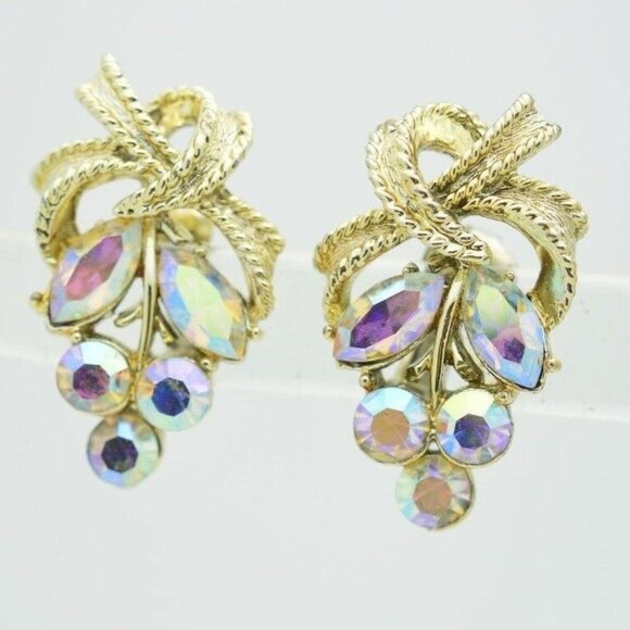 CORO Gold Tone Clear Purple AB Rhinestone Flower - Picture 1 of 4